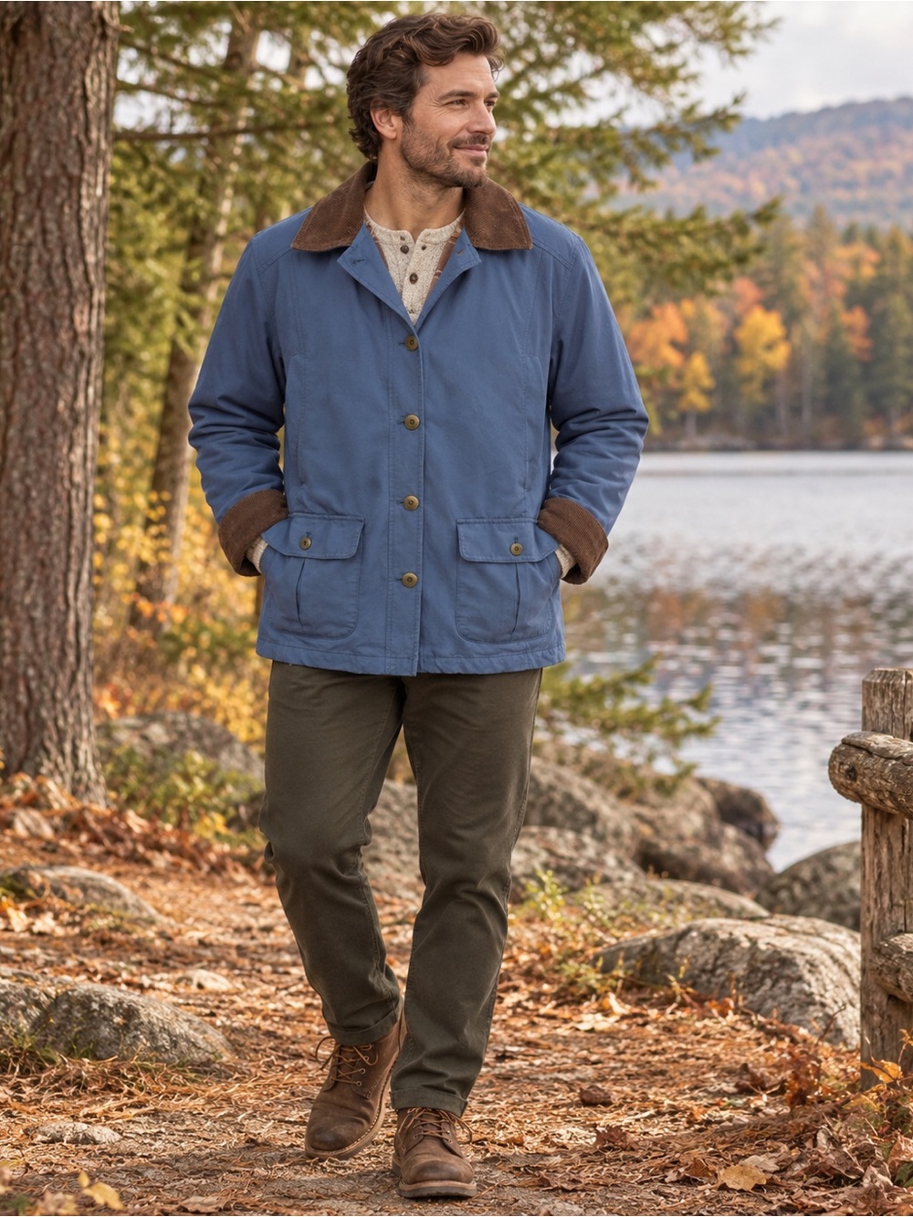 Vintage L.L.Bean Men’s Large Blue Barn Field Coat Corduroy Collar Plaid Lined